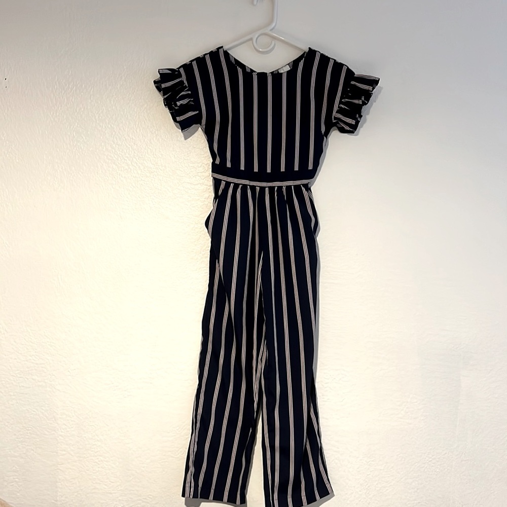 Size 8 Navy, White, and Pink- Striped Jumper for girls.